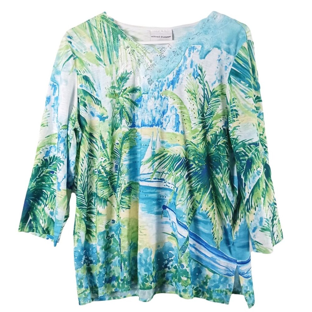 Alfred Dunner Womens Tropical Print Top With Lace & Rhinestone Accents Size M